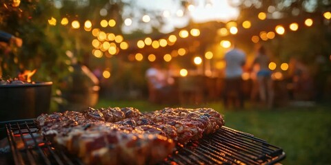 Close-up of juicy grilled meat cooking on a barbecue grill with warm glowing outdoor string lights and blurred people socializing in the background at sunset