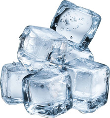 Pile of clear ice cubes with water droplets frozen