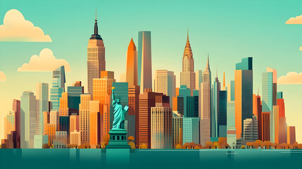 Colorful cartoon of new york city skyline with statue of liberty for urban design