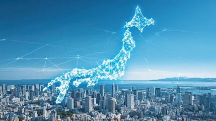 A futuristic digital representation of Japan overlaid on a city skyline, symbolizing technology and connectivity.