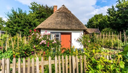 Quaint thatched-roof cottage nestled in a garden