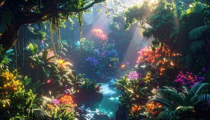 A vibrant, lush tropical forest scene filled with colorful flora and sunlight filtering through the canopy.