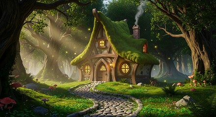 Enchanting Forest Home: Whimsical Cottage with Moss Roof and Cobblestone Path in a Magical Woodland Setting.