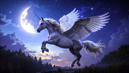 Majestic unicorn with wings flying at night