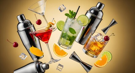 Assortment of alcoholic cocktails bar shakers ice cubes and citrus garnishes floating