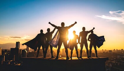 Silhouette of a superhero team on a rooftop at sunset