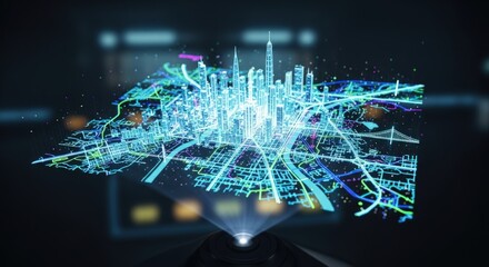 Futuristic city hologram projection displaying urban planning and infrastructure