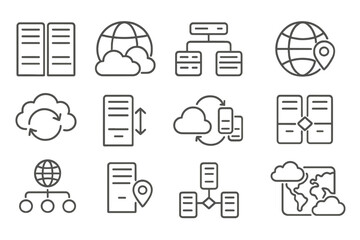 Data Center Icons. Line style icons of data centers and regions: server room icon, globe with clouds, availability zone icon,