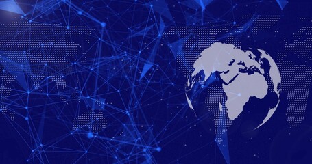 Showing globe over Africa, Europe in cyberspace, with map nodes and glowing blue lines, copy space