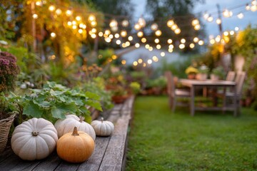 Halloween orange white pumpkins decorate garden patio, string lights glow evening