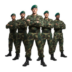 Five elite soldiers in camouflage uniforms standing ready with determination and strength transparent background