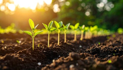 Young plants sprout from dark soil at sunset (1)