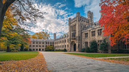 A historic stone building with a cobblestone path and autumn leaves in the foreground.