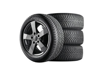Car tires with a great profile in the car repair shop. Set of summer or winter tyres in front of white fond. On transparent PNG background.