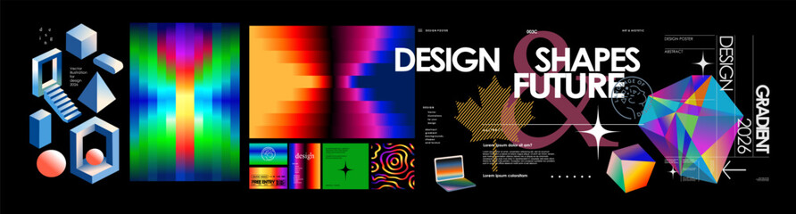 Design. Abstract modern neon gradient objects. Vector illustration of bright multicolored gradients, crystal, 3d geometric shapes, isometric, typography for poster, cover or banner