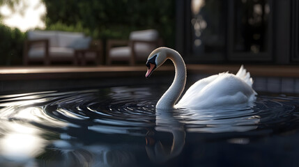 Swan Swimming In Pool With Reflections
