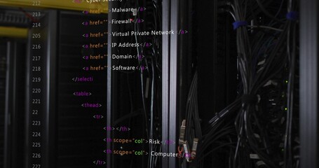 Displaying server rack hosting cables, RJ45 connectors in data center with HTML overlay, LED lights