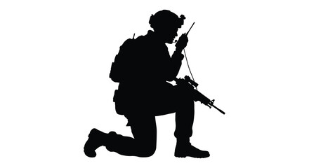 a soldier silhouette kneeling while communicating through radio equipment
