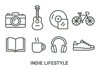 Indie lifestyle icons: camera, guitar, vinyl, bicycle, book, coffee, headphones, sneakers