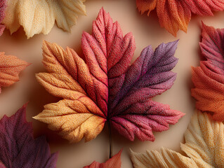 Opis: Kolorowy liść klonu, ułożony na neutralnym tle, z innymi liśćmi dookoła. Liść ma gradientowe przejścia barw, od żółci, przez czerwień, do fioletu.