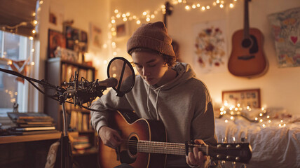 Musician with a guitar records an acoustic session in a warm home studio atmosphere.