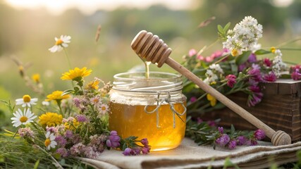 Golden honey dripping from a wooden dipper into a jar surrounded by wildflowers