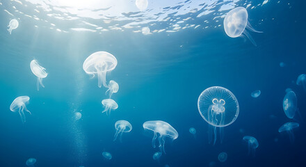 Floating white transparent jellyfish swim deep in the blue marine aquarium