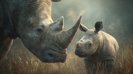 an intimate moment in the wild between a rhinoceros and its calf. the two animals are positioned closely to each other, appearing to engage in a tender interaction