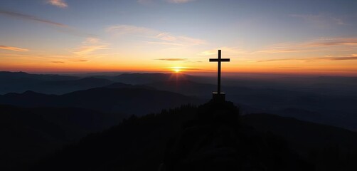 Breathtaking sunset panorama, black silhouette of mountains, forest, cross atop summit Religious grief landscape, faith, christianity