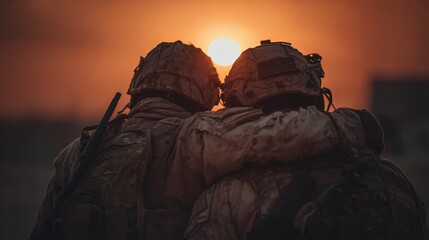 Two soldiers stand together, silhouetted against a fiery sunset, showcasing camaraderie and shared experience in an austere environment.