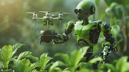 The future of horticulture showcasing an android with drone aiding plant care in lush greenery