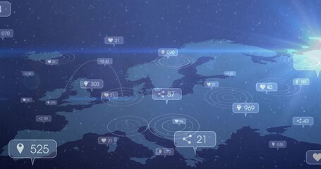 Showing Europe map over starry sky, with target rings, social icons, numeric counters