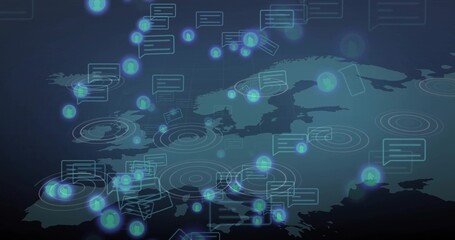 Displaying outlined Europe map glowing on dark blue gradient, with network nodes and chat icons