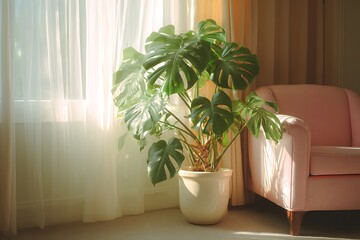 A lush monstera plant placed in a sleek ceramic pot, standing beside a pastel armchair in a cozy living room corner, soft natural light streaming through sheer curtains 