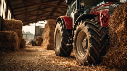 Tractor Ready to Work Alongside Hay Bales in Barn, Agriculture and Farming Industry