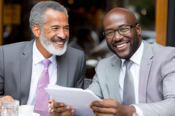 African American consultant meets client, both smiling, discussing documents in cozy cafe.