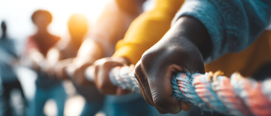 Close-up of diverse hands gripping a rope in a team tug-of-war, symbolizing unity, strength, and collaboration during an outdoor group activity