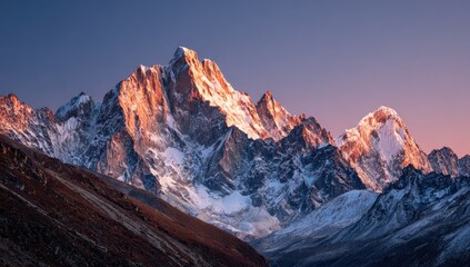 Majestic mountain peak at sunrise. A breathtaking panorama of a snow-capped mountain range at dawn.