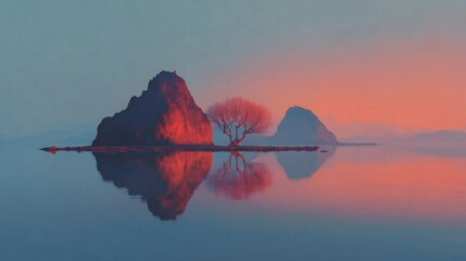 Serene Lake with Dramatic Rocky Island and Sunset Reflection – Tranquil Landscape for Nature Themes, Ambient Backgrounds, and Digital Decor