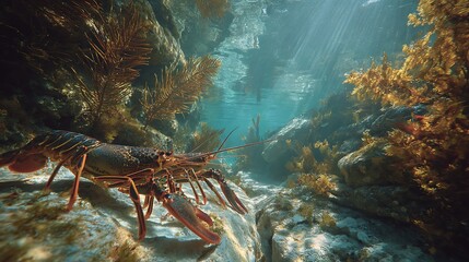 Exploring underwater wildlife: a lobster's habitat in the ocean with seaweed and clear blue water
