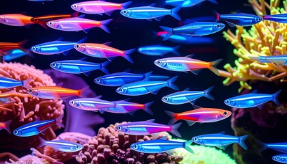 School of vibrant, colorful fish in an aquarium