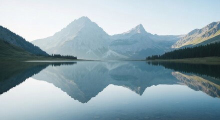 Calm lake reflects mountains and trees in a serene symmetrical composition