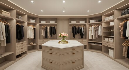 Elegant and spacious walk-in closet interior with custom built-in shelving, drawers, and a central island for organized clothing storage in a luxury home