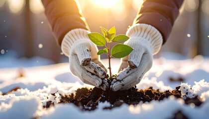Nurturing Hope: A gardener's caring hands carefully plant a seedling in the winter snow, symbolizing renewal and resilience.