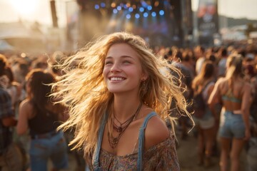 Young woman enjoying live music at summer festival