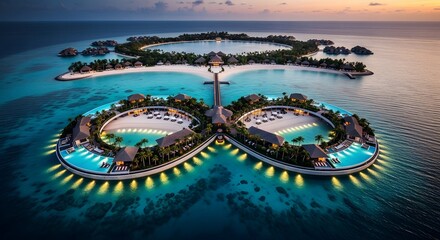 Aerial view of luxurious tropical island resort in maldives with ocean villas and turquoise water at sunset