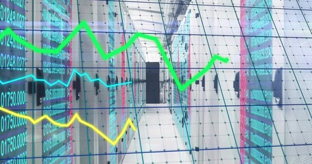 Glowing LED lights illuminating server cabinets lining data center corridor, with digital overlays