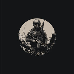 illustration of a soldier or post-apocalyptic survivor wearing a gas mask and tactical gear, holding a rifle and standing in a ruined, desolate environment. Concept for military, war, and survival