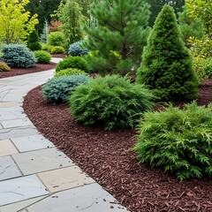 A well-maintained garden path winds through a vibrant array of green shrubs and trees, nestled amongst a bed of rich brown mulch.