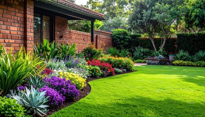 Lush garden with vibrant flowers borders a brick building under a leafy canopy on a sunny day, showing vibrant colors and textures
